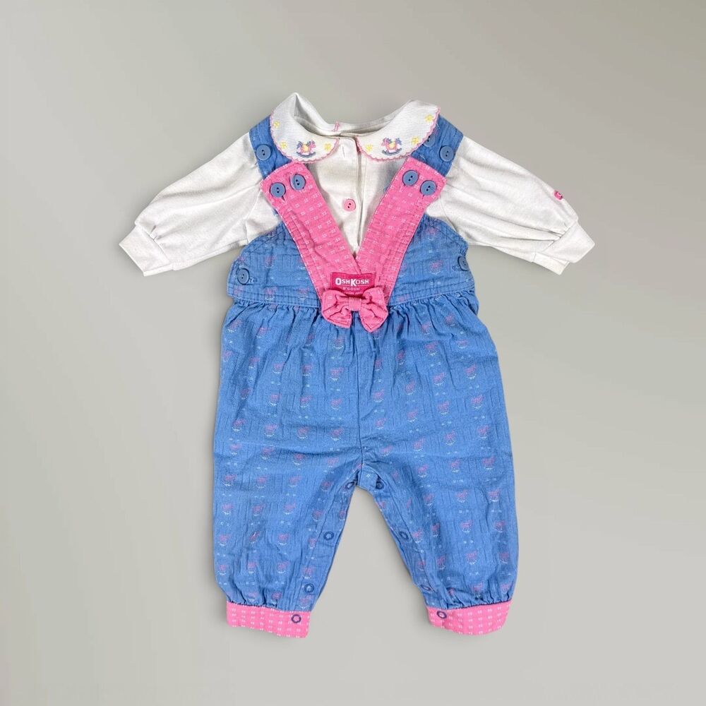 Vtg OshKosh Overalls & Shirt Pink Blue Rocking Horse Bows Vestbak Size 3-6 Mos